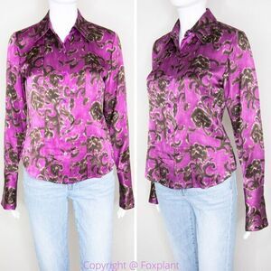 Linda Allard Ellen‎ tracy silk floral print purple shirt, size Petite 2